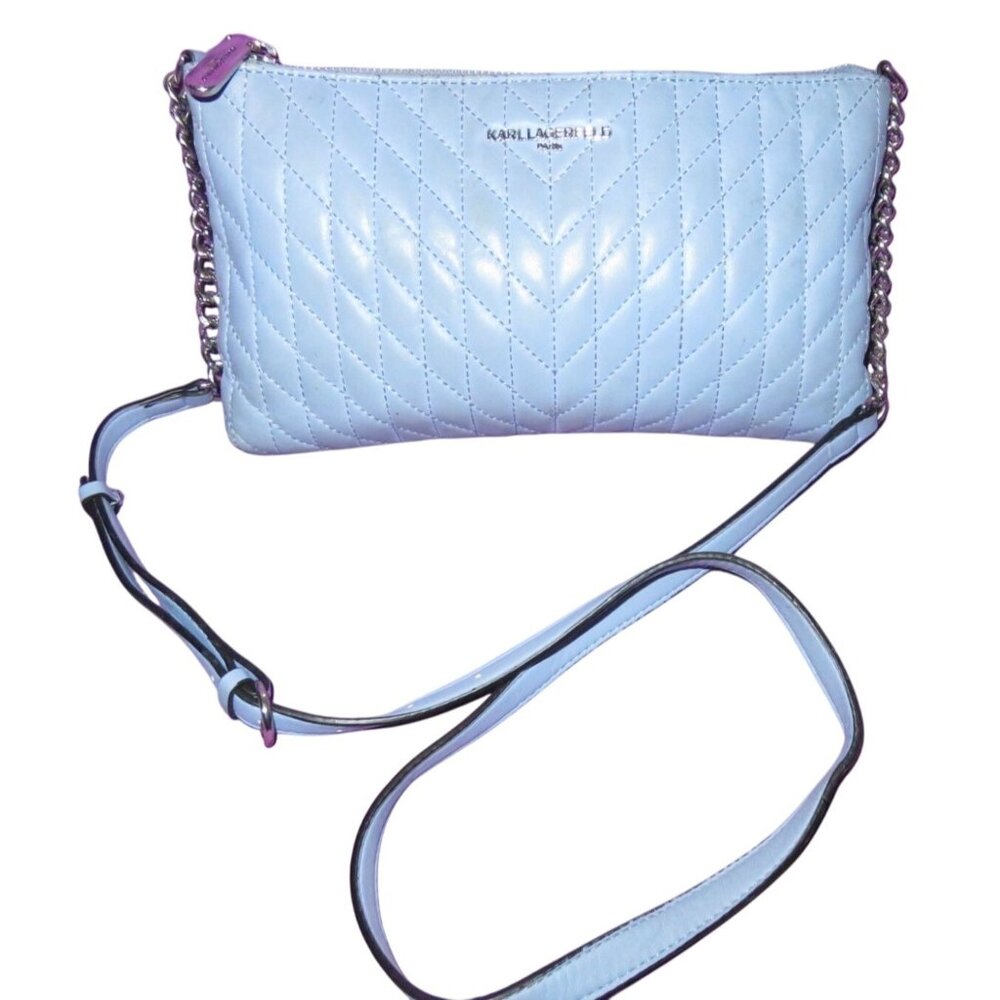 Karl Lagerfeld Paris Karolina Crossbody in Gorgeous Baby Blue Quilted Leather